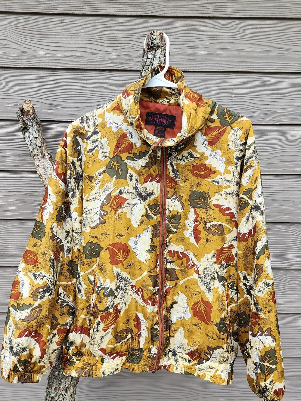 Studio West  Silk Mustard Leaf-Print  Vintage Bomber Jacket